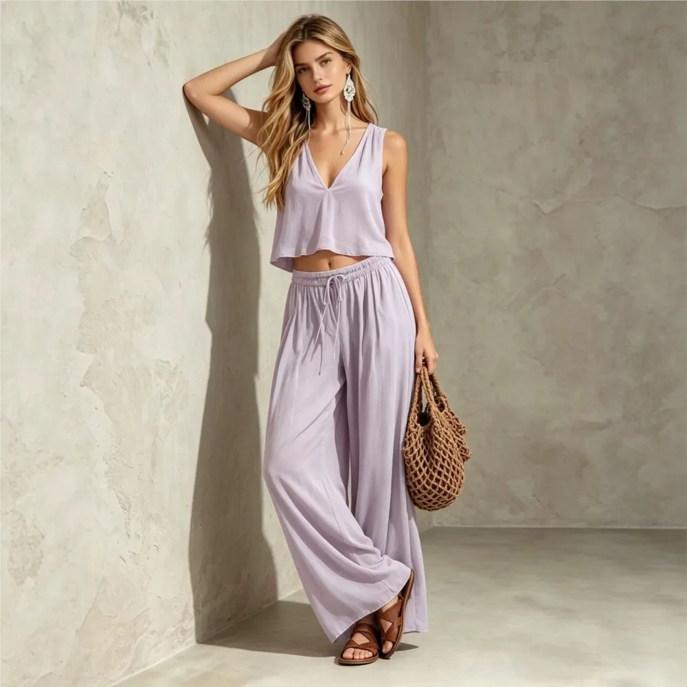 

Solid Color Sleeveless Camisole Top Wide Leg Pants 2-piece Set Summer New Women's Fashion V-Neck Casual Lace-Up Waist Pants Set