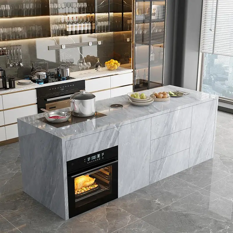 Natural Marble Kitchen Island with Storage & Wine Cooler, Customizable Luxury Cabinet, Waterproof Countertop for Spacious Home​​