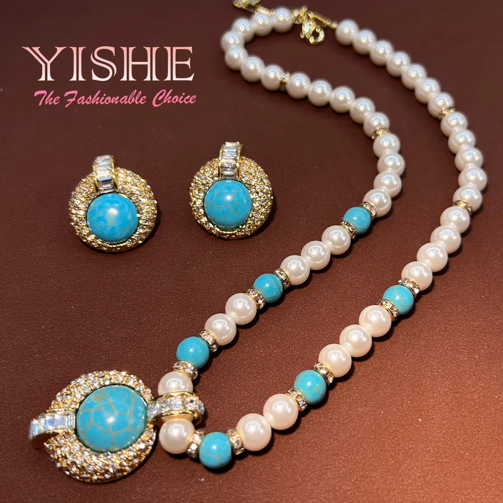 Turquoise Rhinestone Jewelry Set for Women Middle Ages Handmade Pearl Vintage Necklace Drop Earring Elegant Party Accessory