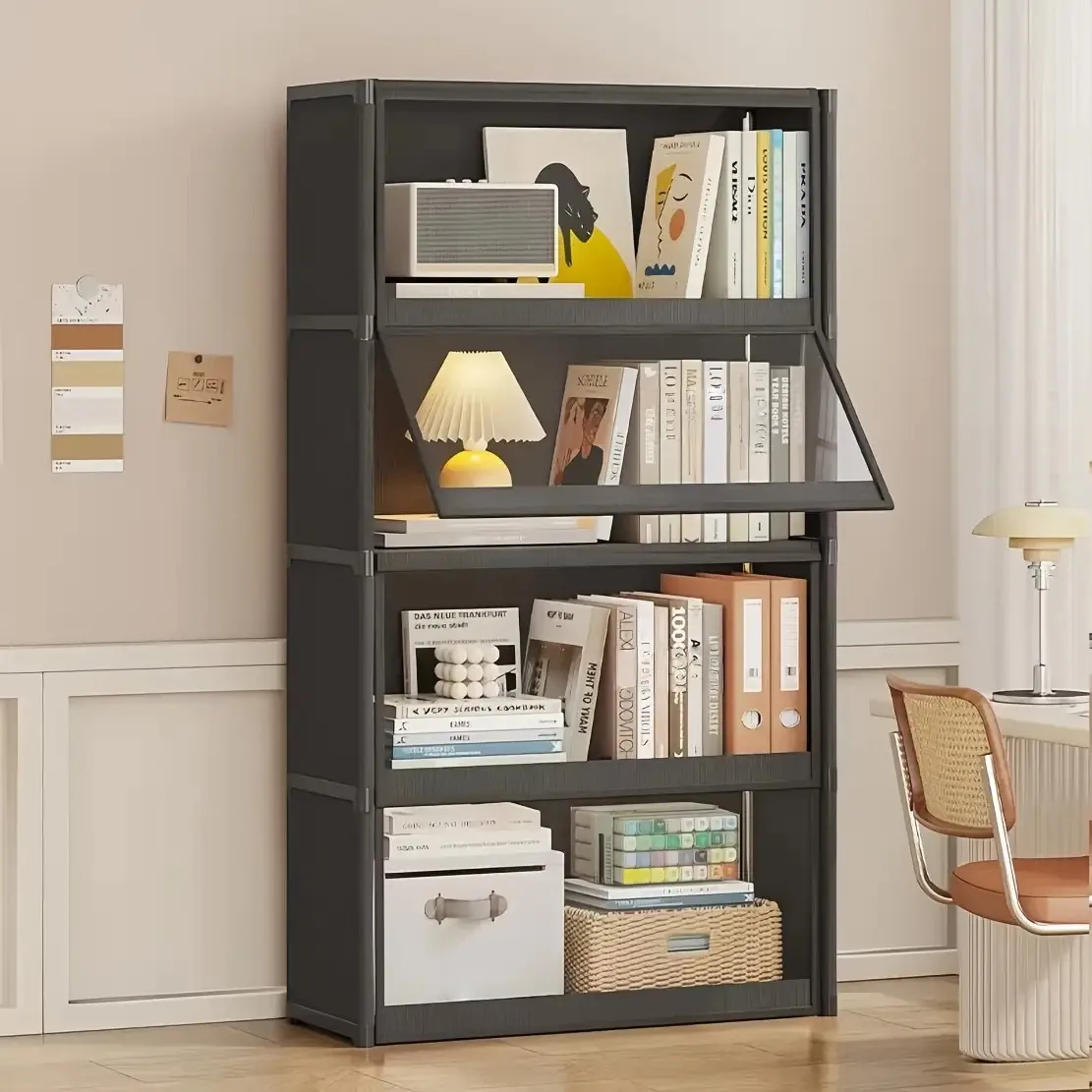 

Dustproof Bookshelf with Doors, Freestanding Storage Cabinet for Bedroom & Study, Simple Multi-tier Storage Shelf