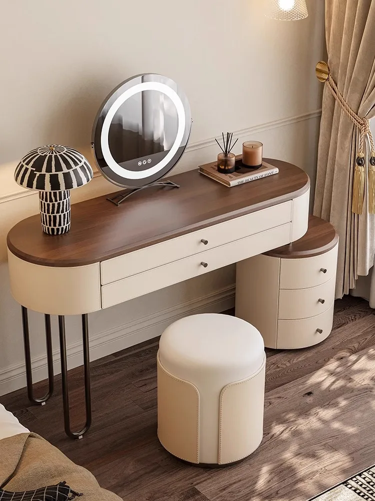 Luxury Bedroom Furniture-Solid Wood Dressing Table with Mirror LED Bulbs and Storage Vanity Table Set