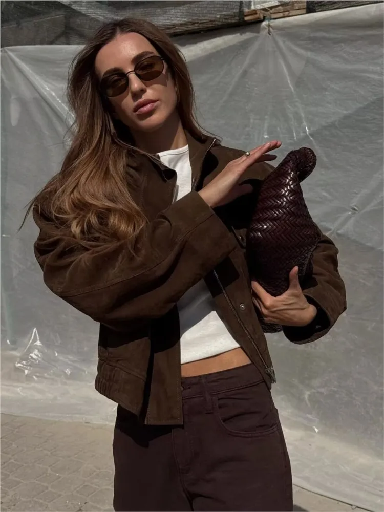 Kurtka damska NERHEFZ z kieszeniami, jesień, wysoki kołnierz, długi rękaw, zamszowa kurtka skórzana damska, płaszcze damskie, codzienne, eleganckie topy damskie