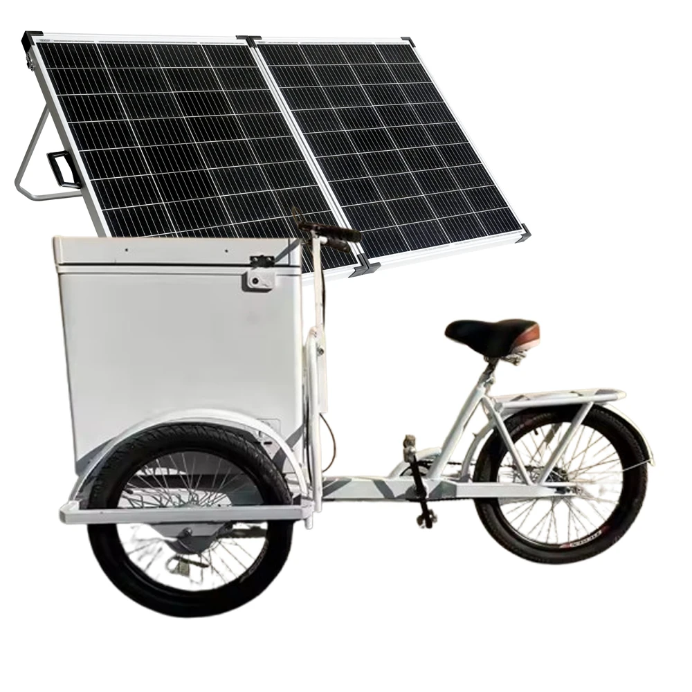 

Business Use Cold Drink Vending Bicycle Electric Tricycle Food Coffee Cart Ice Cream Bike Solar Freezer 68L LiFePO4 Battery