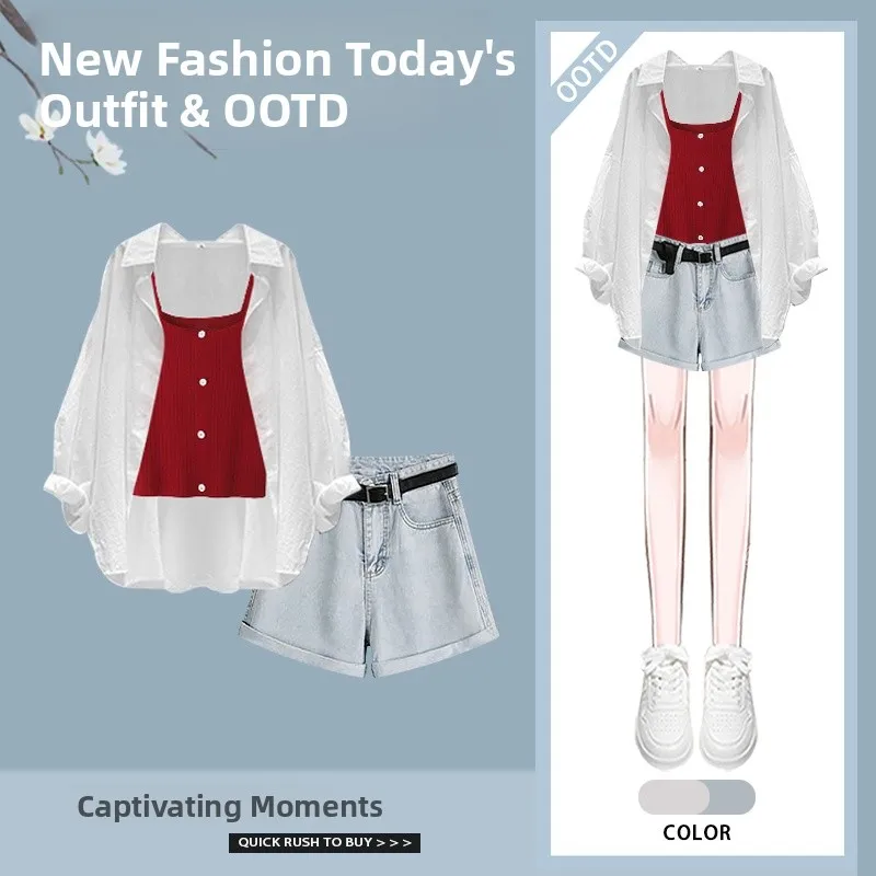 

Spring Fashion Women's Long Sleeve Shirt Inner Wear Tank Top Casual Shorts Three Piece Set Collar Casual Wear Ensemble