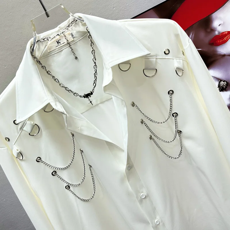 Male Personality Niche Design Tops Metal Chain Decorative Long-sleeve Solid Color Chic Shirts Trendy Handsome Loose Casual Shirt