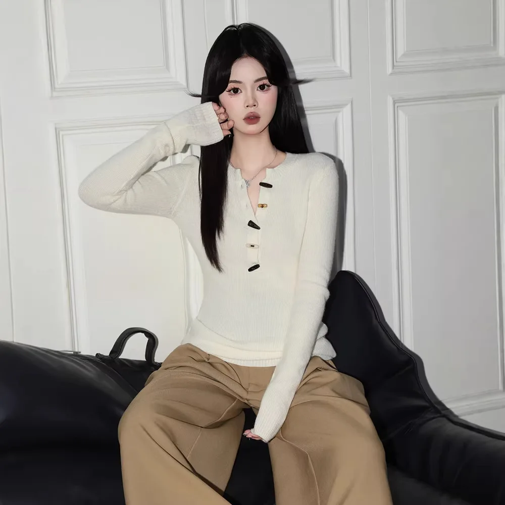 2026 New Women Horn Button Half Open Collar Knit Sweater Retro Slim‑Fit Long Sleeve Base Layer Top for Spring Autumn Inner Wear