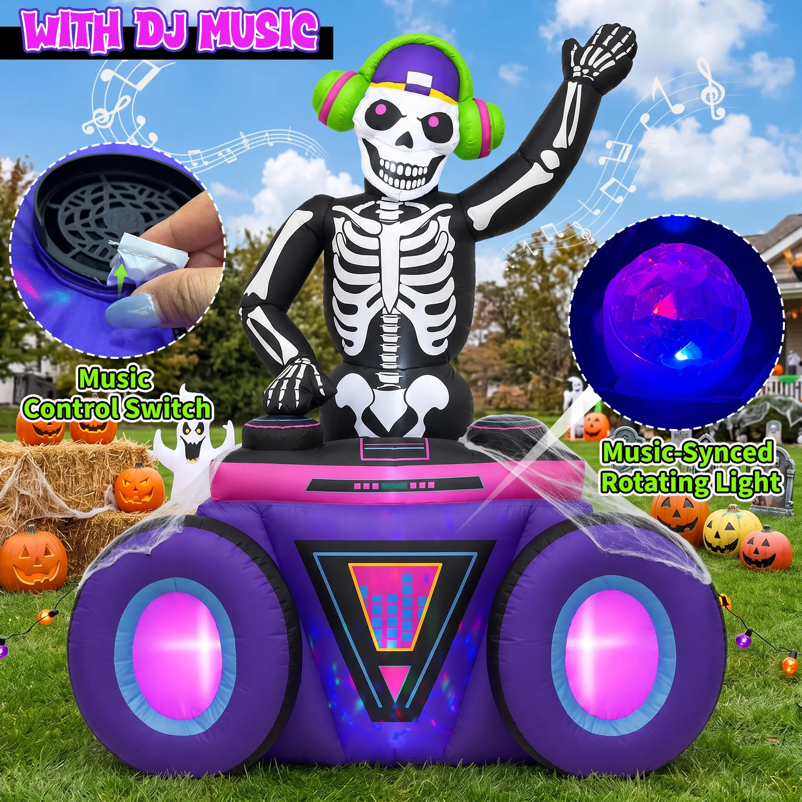 6FT Skeleton DJ Inflatable - Halloween Music ,210T Fabric, 3Min Quick Inflate, Indoor/Outdoor Home & Yard Decor