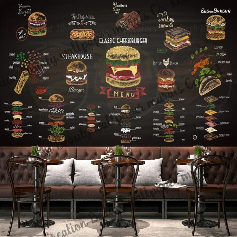 

Blackboard Hand Painted Burger Wallpaper Mural Fast Food Restaurant Snack Bar Hotel Background Wall Papel Tapiz Papel De Parede