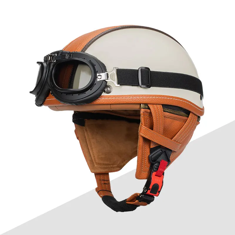 

Milky White Orange Motorcycle Helmets with Visor Leather Helmet for Man Electric Motorbike Vintage Protected Motor Safety Cap