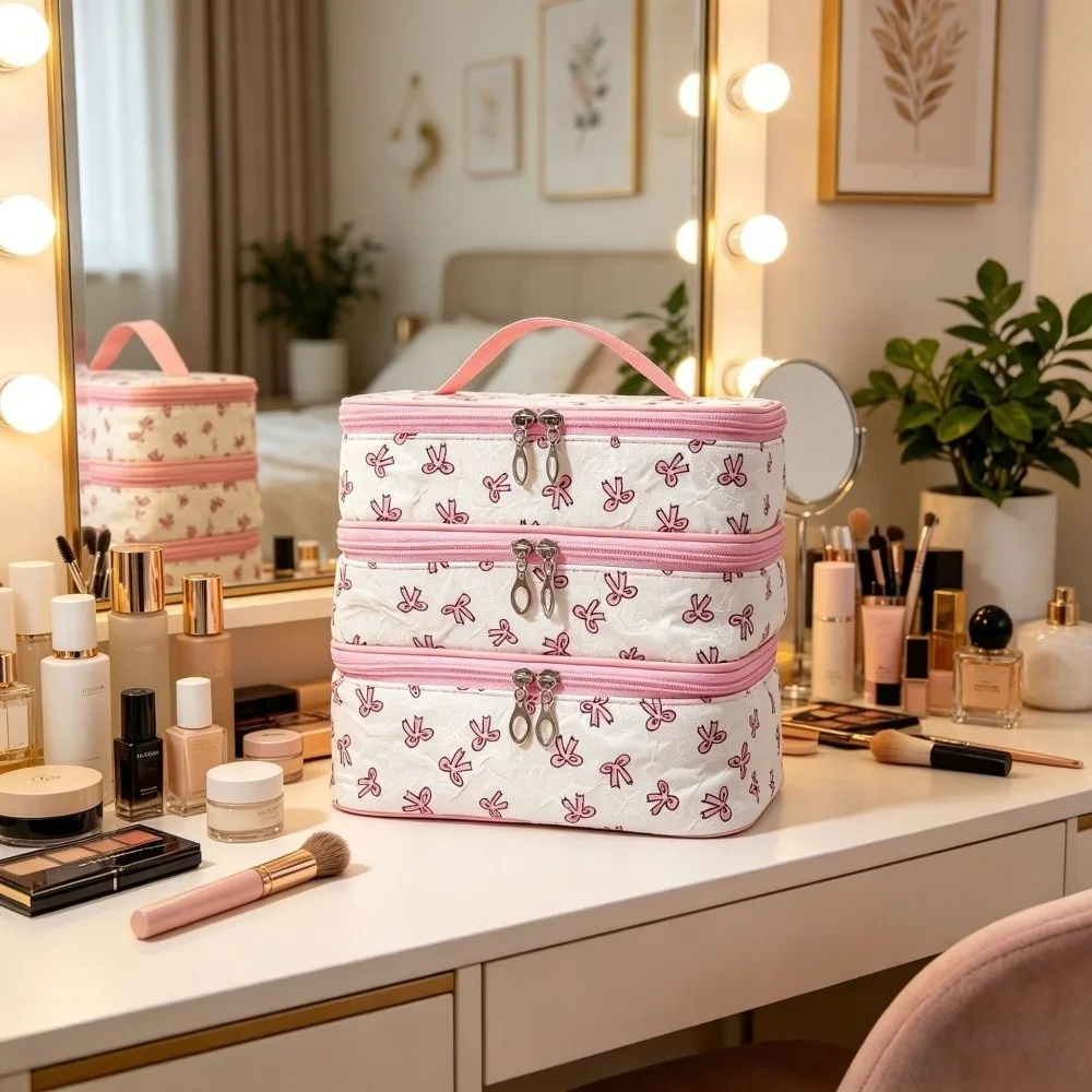 Cute Three Layer Wash Bag Bow Print Large Capacity Hand-held Makeup Bag Three-Layer Soft Wear-resistant Cosmetic Organizer Bag