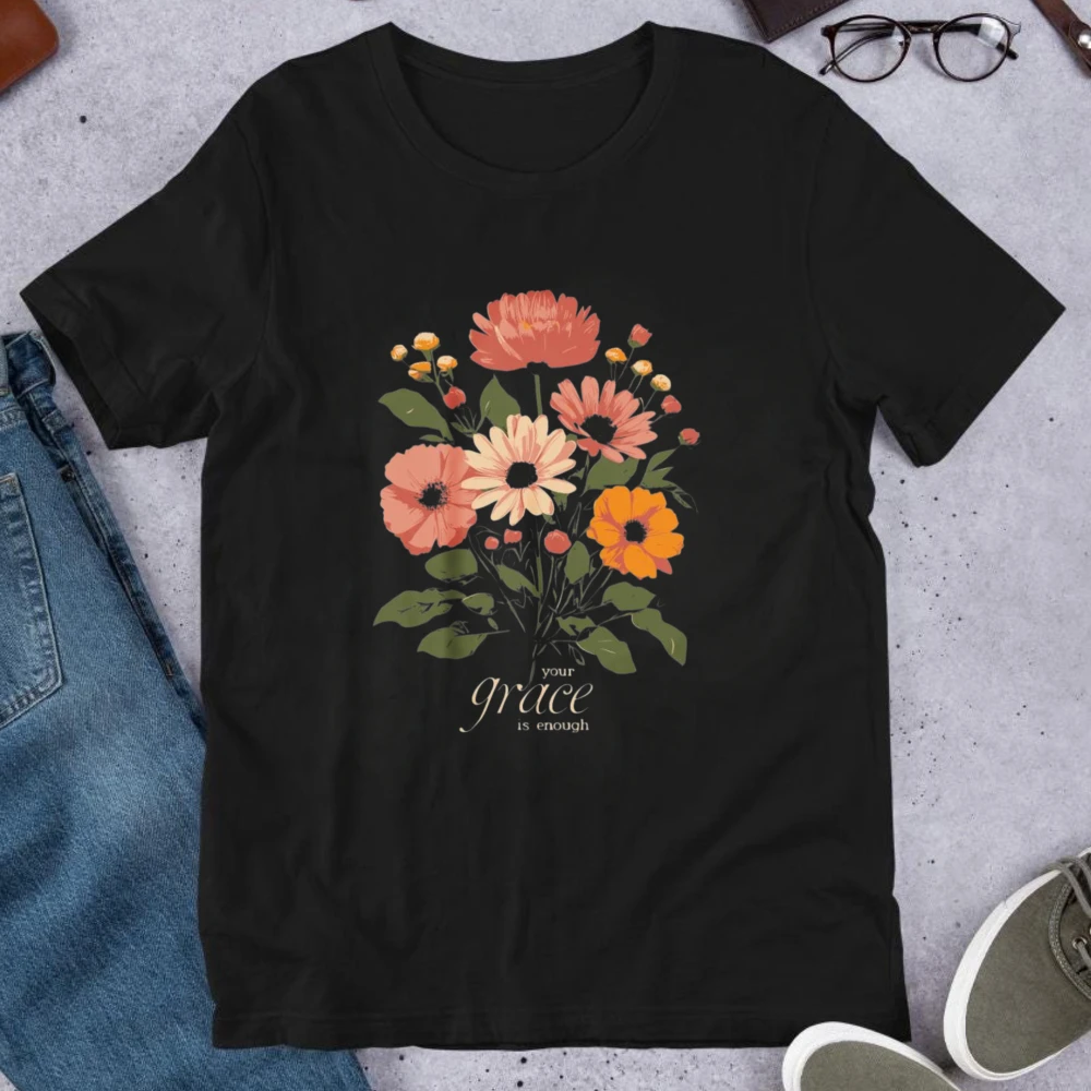 Floral Christian T-Shirt Your Grace is Enough Unisex Crewneck Cotton Tees Women Cotton Tshirt Scripture Botanical Lounge Tops