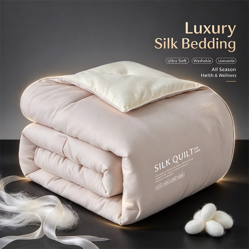 100% Natural Mulberry Silk Comforter with Pure Cotton Shell, Spring Summer Lightweight Quilt, Autumn Winter Warm Duvet Blanket