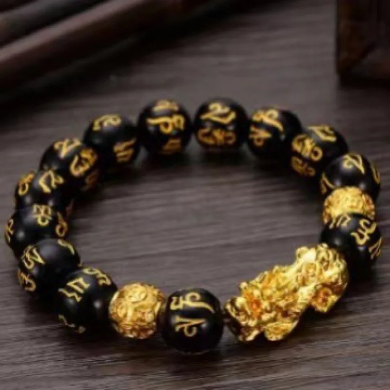 Hot Selling Imitation Black Obsidian Gold-Plated Pixiu Bracelet with Six Words Mantra  Pixiu Bracelet Stock Money Bead Pixiu