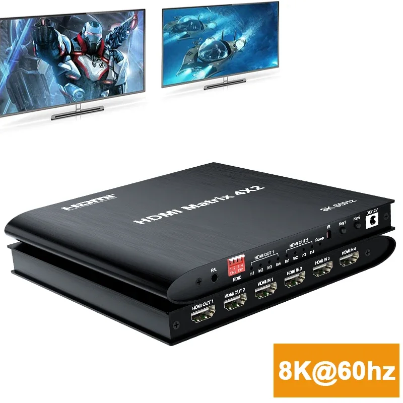 

8K HDMI Matrix 4X2 Hdmi Switch 4K 120Hz HDR HDCP 2.3 HDMI Splitter 4 in 2 Out Dual Display for PS4 Camera DVD PC To TV Monitor