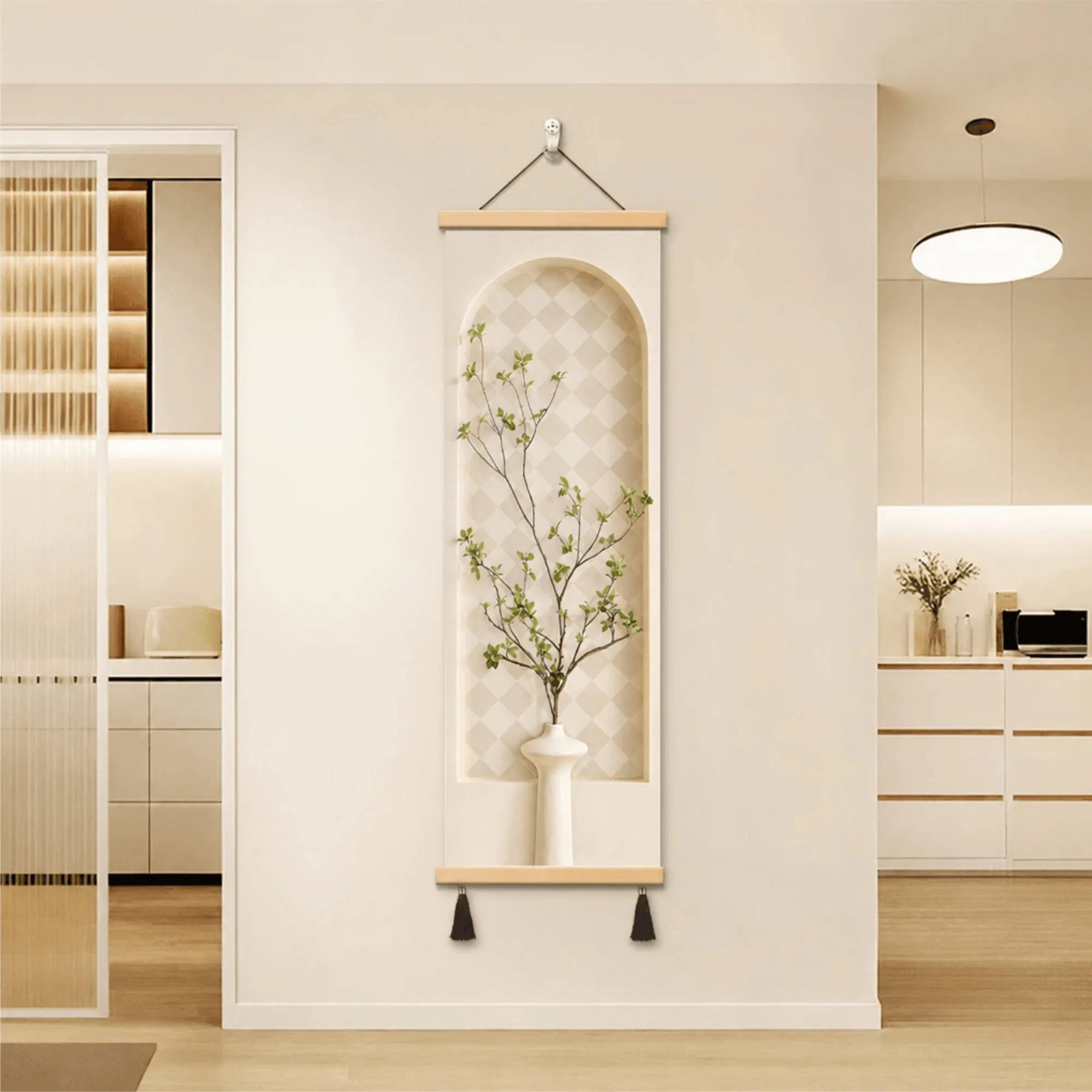Wall Art Delicate Green Plant Silhouette Cream Style Pearlescent Canvas Hanging Scroll with Wooden Rods for Entryway Hallway