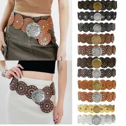 Cinturón hueco redondo Vintage para mujer, cinturones anchos de disco de PU, hebilla de Metal, estilo occidental vaquero exagerado, ajustable