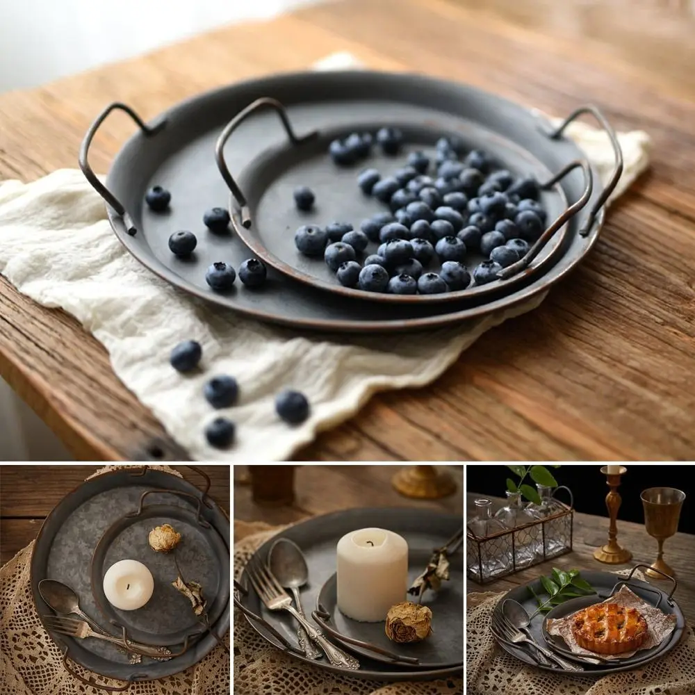 2 أحجام الرجعية لوحة معدنية صواني مستديرة مع مقبض جولة المطاوع خمر تخزين الخبز تخدم صينية يدويا ديكور المنزل