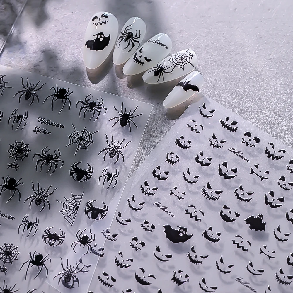 2pcs Halloween Black Pumpkin Bat Nail Art Sticker 5D Embossed Gothic Spooky Spider Skull Nail Decals for Halloween Nail Decorati