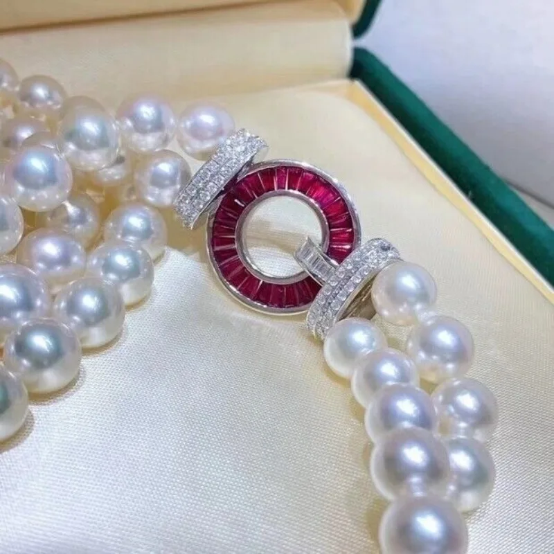 20 بوصة سلسلة مزدوجة AAAA 7-8 مللي متر أكويا الطبيعية اللؤلؤ الأبيض المرأة قلادة 925 الفضة #3