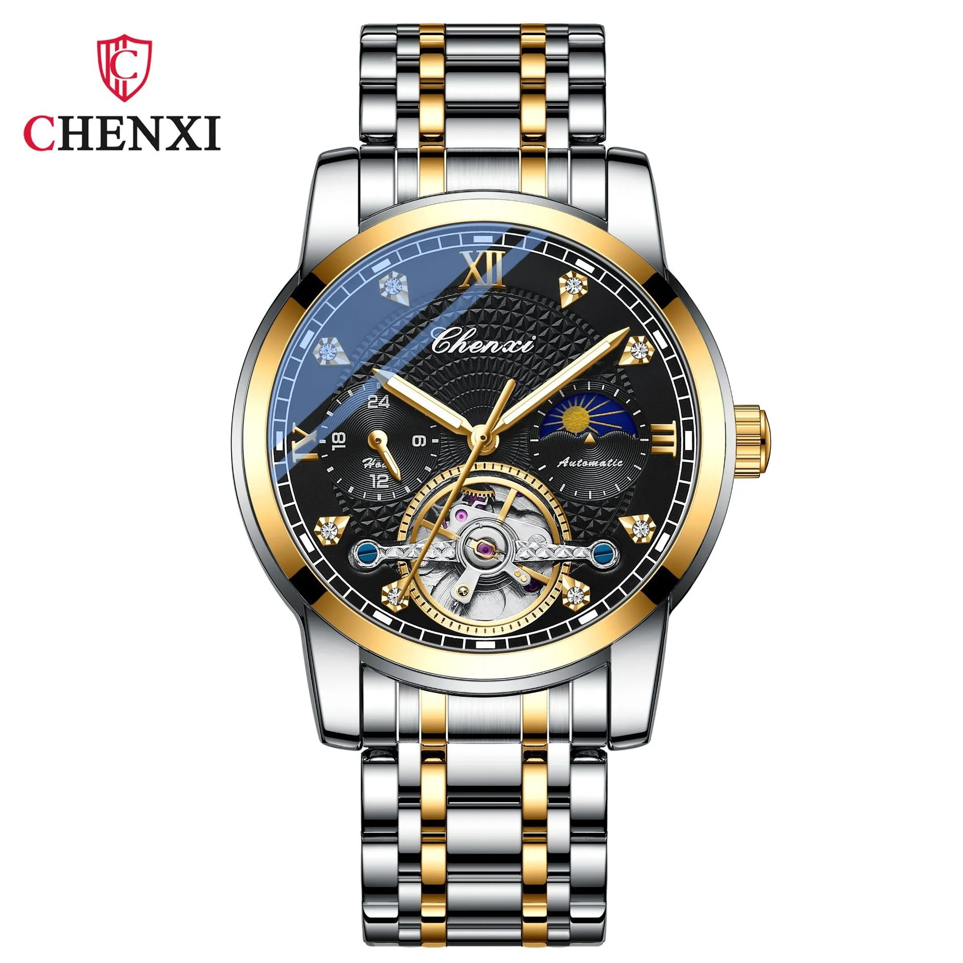 CHENXI 8870 Men Automatic Mechanical Watch Creative Business Luminous Flywheel Stainless Steel Wrist Watches for Male Gift