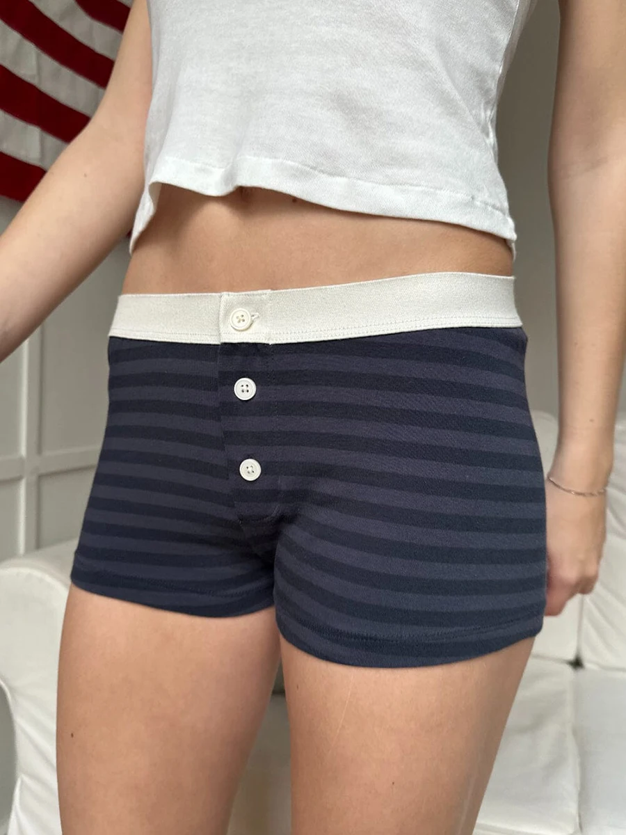 Women s Summer Casual Pajama Shorts Elastic Band Stripe Contrast Color Cartoon Print Button Lounge Shorts