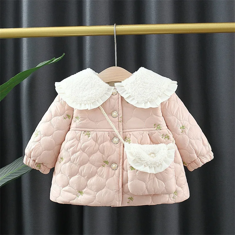 Autumn Winter Toddler Girl Jacket Korean Style Fashion Cute Fleece Doll Collar Newborn Coat+Bag Baby Clothing Kids Clothes BC858