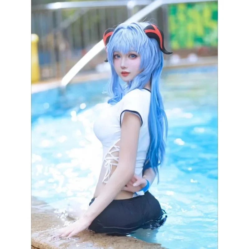 

Gan Yu Cosplay Costume Game Genshin Impact Clothes Sexy Women Uniform Blue Wig Role Play Outfit Suit for Summer