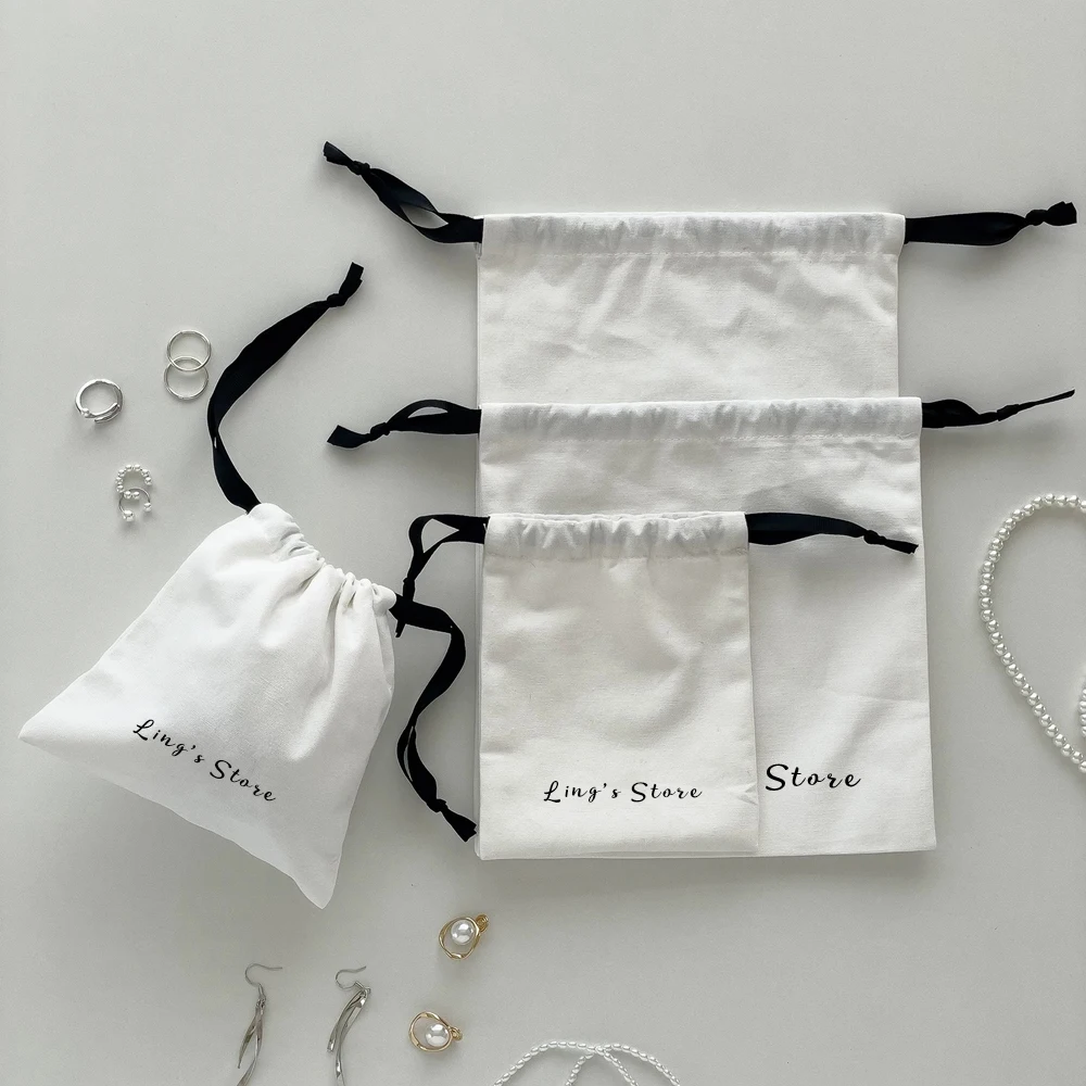 

50Pcs Personalized Logo Jewelry Cotton Bag White Muslin Drawstring Pouch Canvas Gift Packaging Shopping Pocket for Earrings Ring