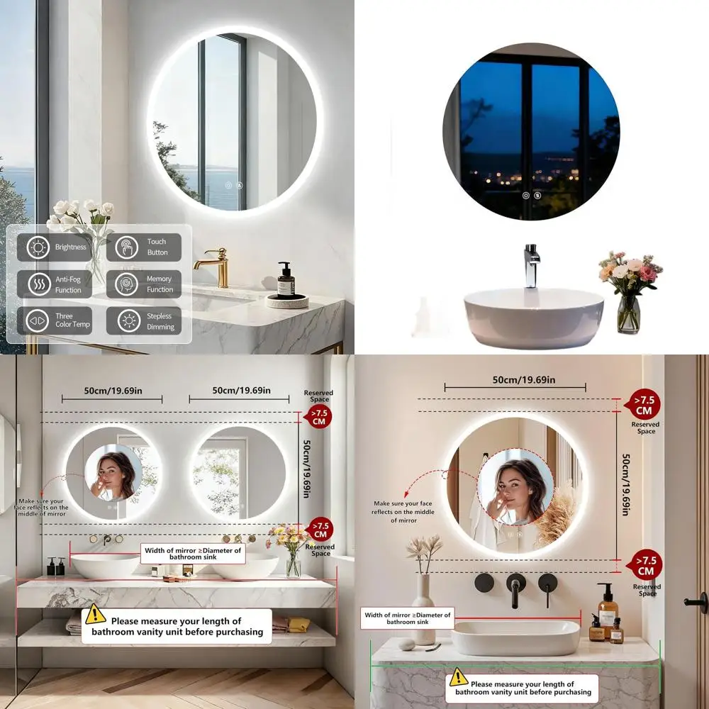 

Круглое зеркало для ванной с LED-подсветкой, 20 дюймов, с регулировкой яркости, с функцией антизапотевания