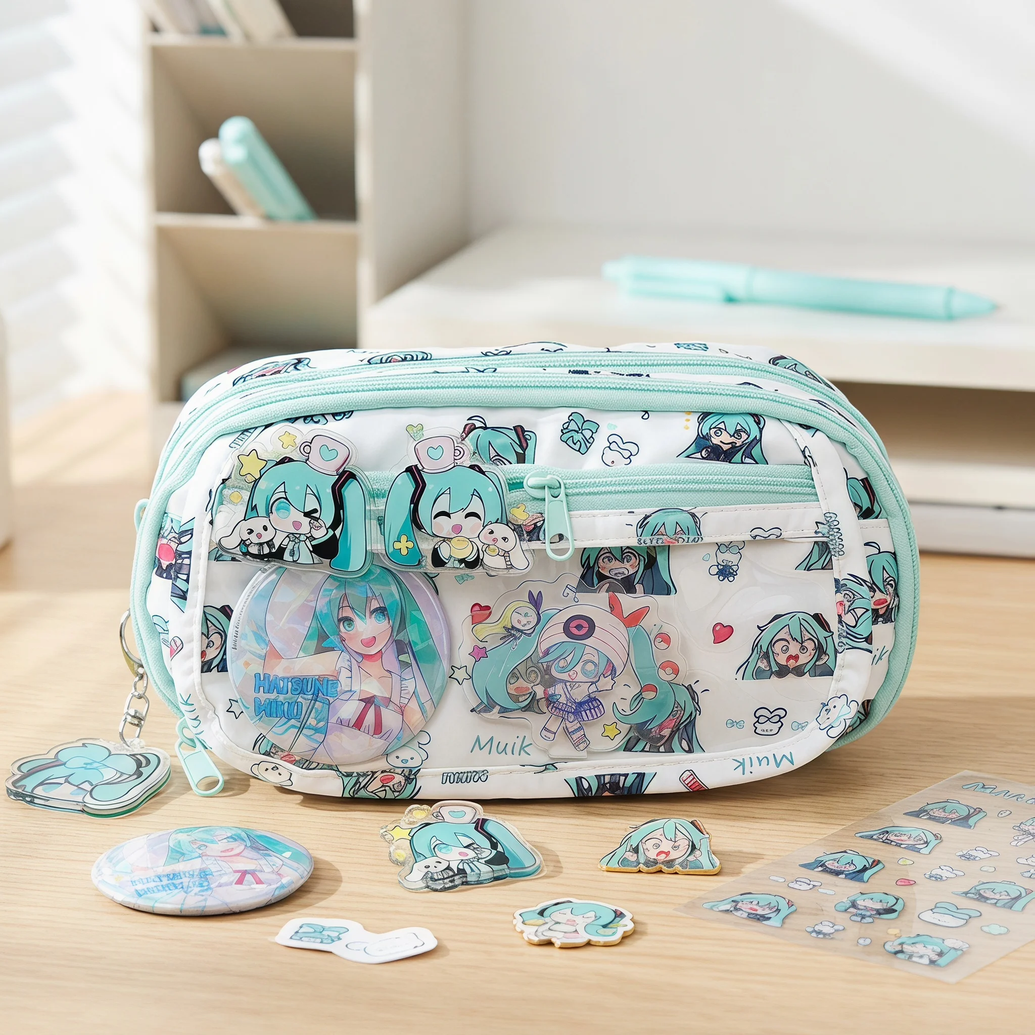 Image of Federmäppchen im Hatsune-Miku-Stil mit mehreren Fächern, großes Fassungsvermögen, Aufbewahrungstasche für Schreibwaren, Anime-Make-up-Organizer-Tasche