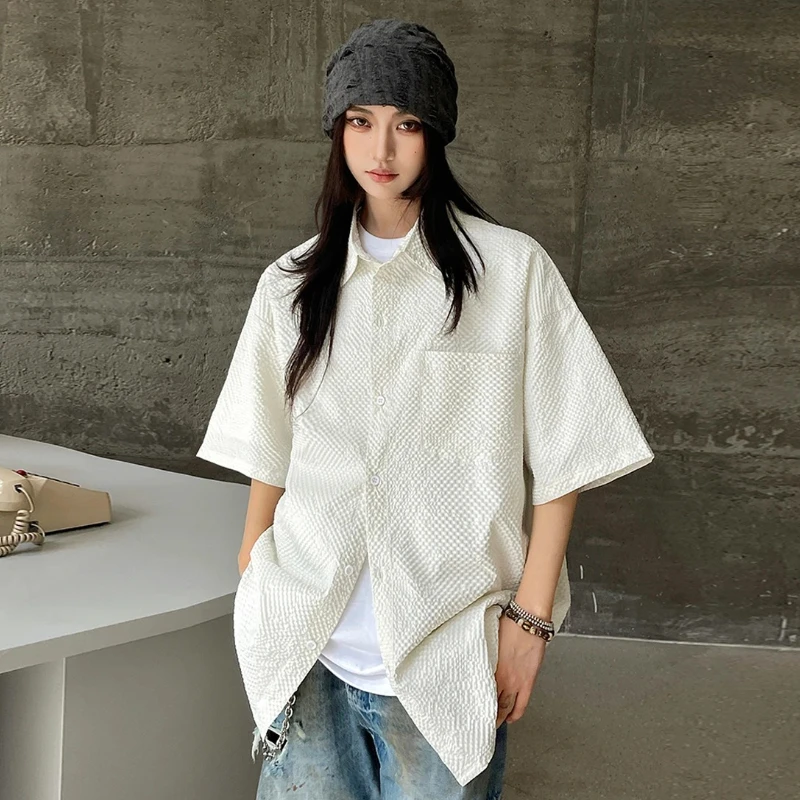 

Summer Casual Short Sleeve Shirt Woman Summer All-match Loose Turndown Collar Blouse Female Korean Simple Button Up Work Shirts