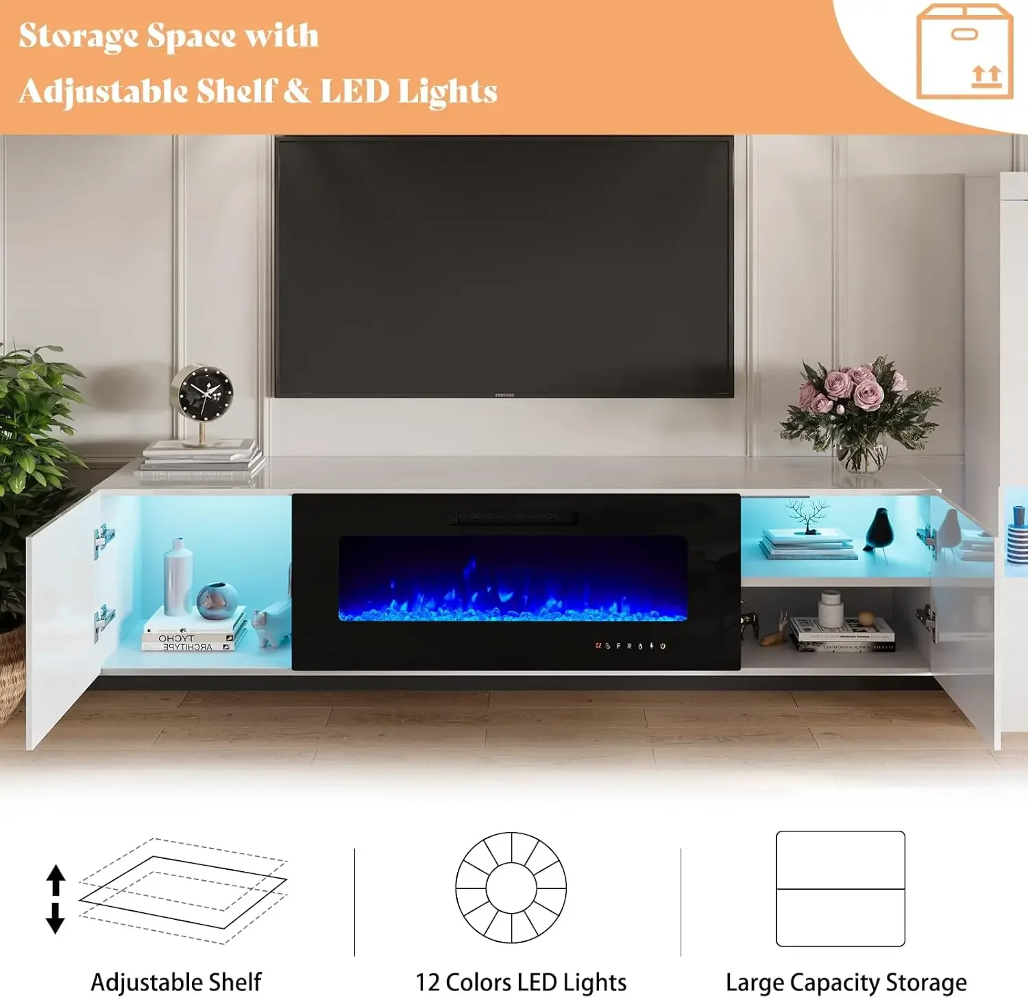 

Floating Fireplace TV Stand, Wall Mounted Mirrored Entertainment Center with 40" Electric Fireplace