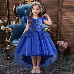 Blue girl sequin long sleeved evening dress from 3 to 12 years suitable for birthday parties, princess trailing dress