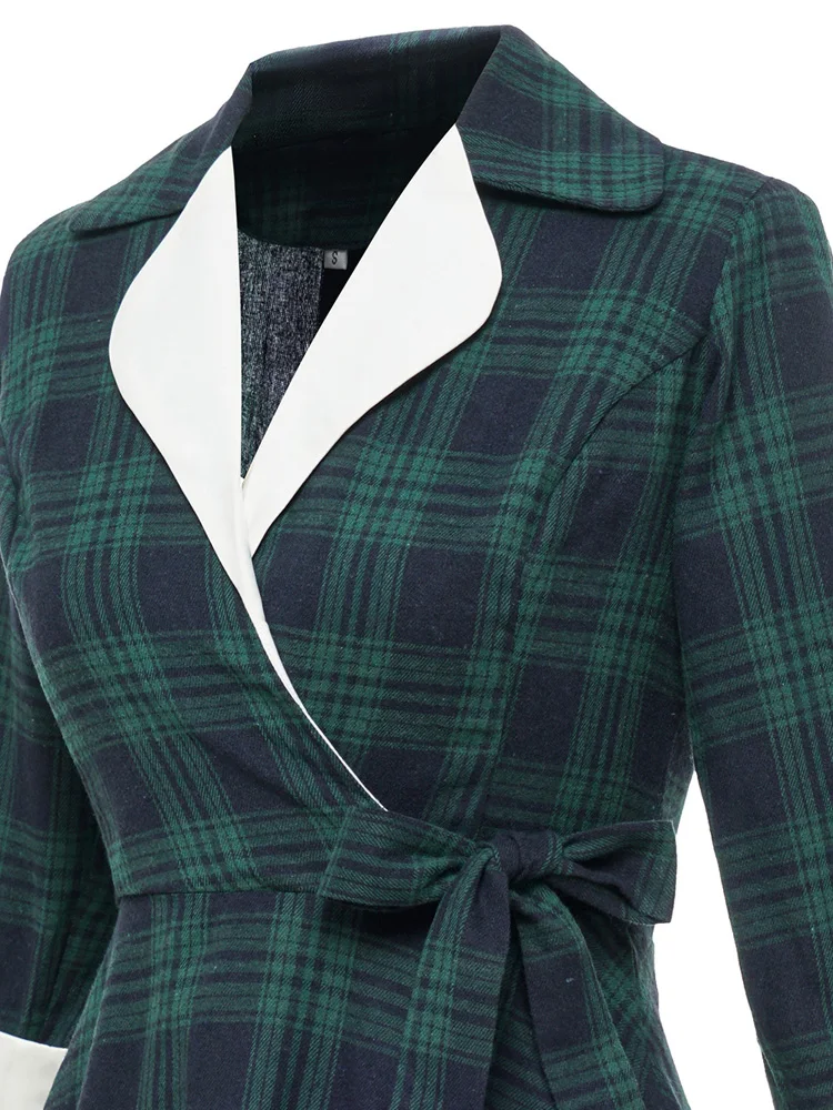 Tonval Notched Collar Green Plaid Vintage High Waist Dress Autumn Winter Women 3/4 Length Sleeve 1950S Rockabilly Midi Dresses