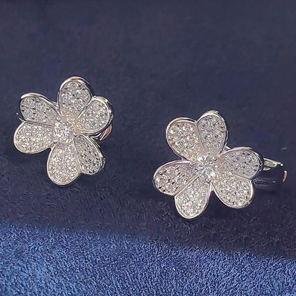 Custom Solid 14K White Gold Stud Earrings Push Earring Back Women Clover Wedding Anniversary Engagement Moissanite Diamond