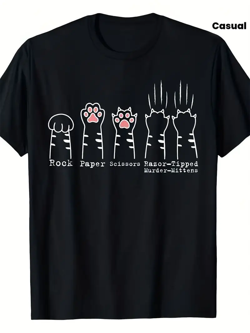 Funny Kitten-Themed T-Shirt Rock Paper Scissors 220G Pure, Casual Crew Neck For Outdoor Travel Day Trips, For Men And Women