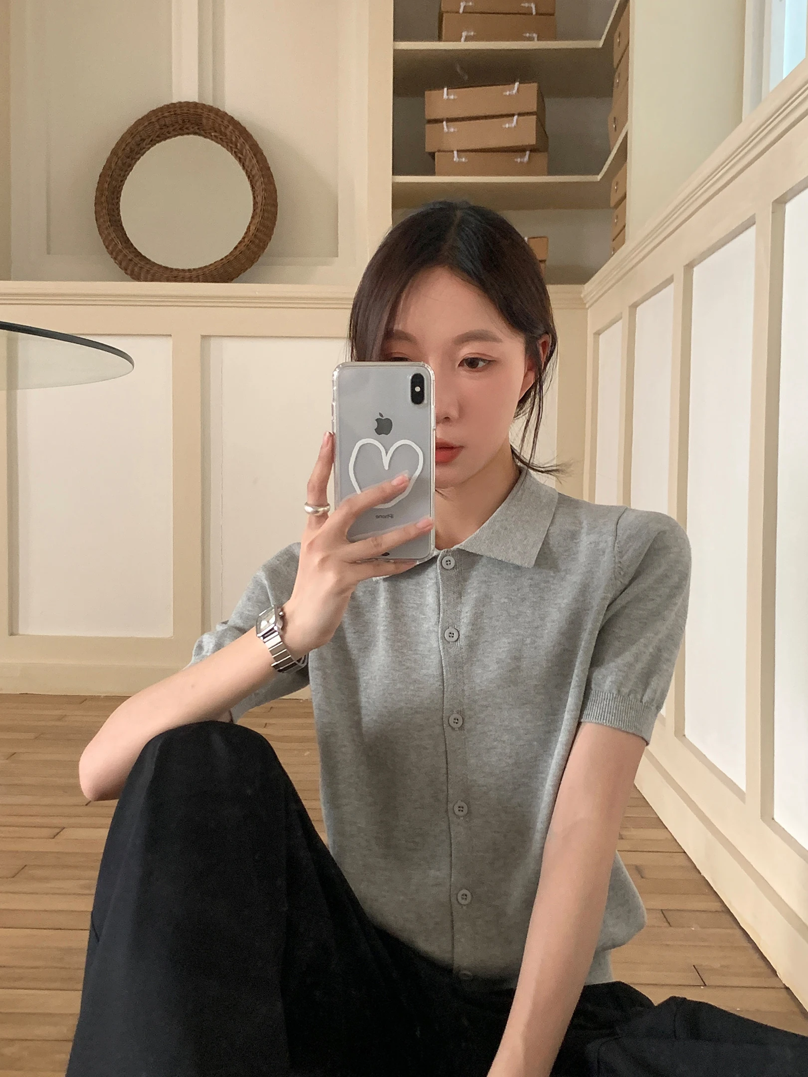 

Slim Fit Knitted T-Shirt Women's Turn-down Collar Casual Style Polyester Fiber Short Sleeve Button Closure Knitwear