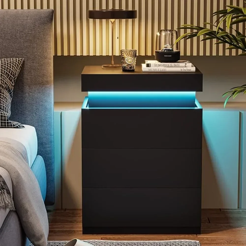 

LED Bedside Table With 3 Bedroom Drawers 16-color Lights and 2 AC and 2 USB Ports Bedside Tables for the Bedroom Nightstands