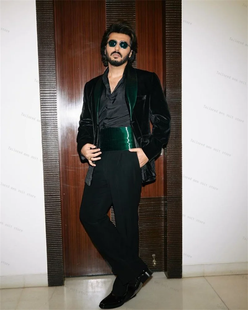 

Black Men Suits Pants Set 2 Pieces Blazer+Belted Trousers Green Lapel Wedding Tuxedos Jacket Formal Business Office Coat