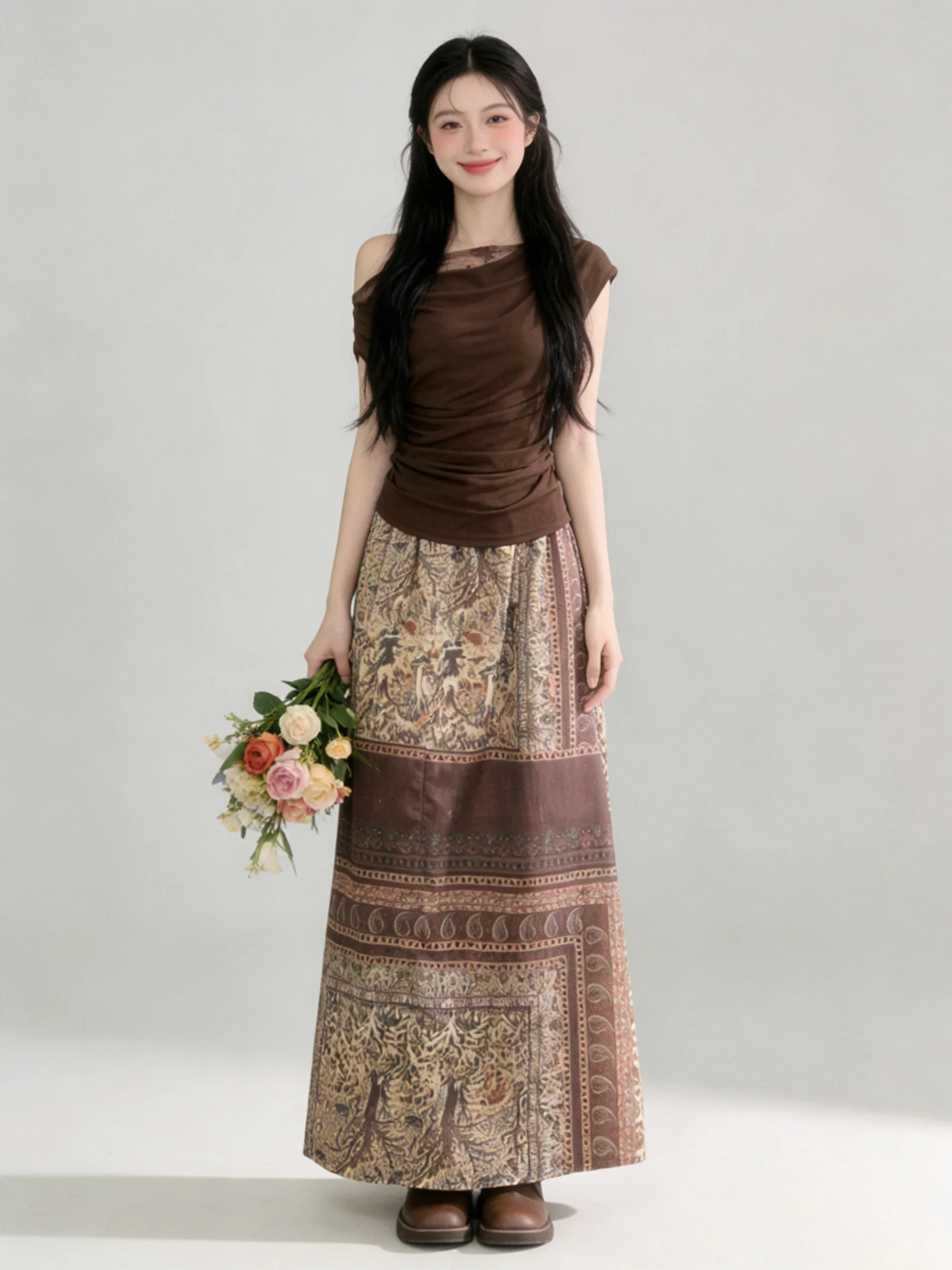 

Bohemian Desert Style Women's Fashion Set Coffee T-shirt Top Vintage Skirt Breathable Mid-weight Summer Two-piece Set