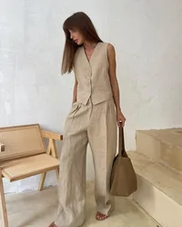 Autumn Spring Two Piece Wide Leg Pants Set Women V-neck Single Breasted Sleeveless Vest+Straight Wide Leg Shorts Suit Set