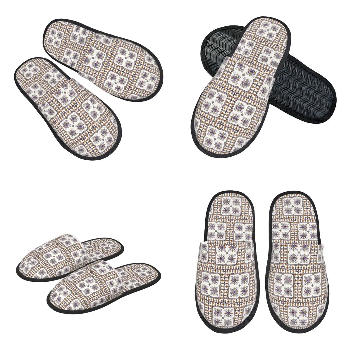 Traditional Portuguese Azulejo Blue Orange Floral Tile Slippers Memory Foam Warm Soft Women House Slipper Bedroom Fluffy Shoes
