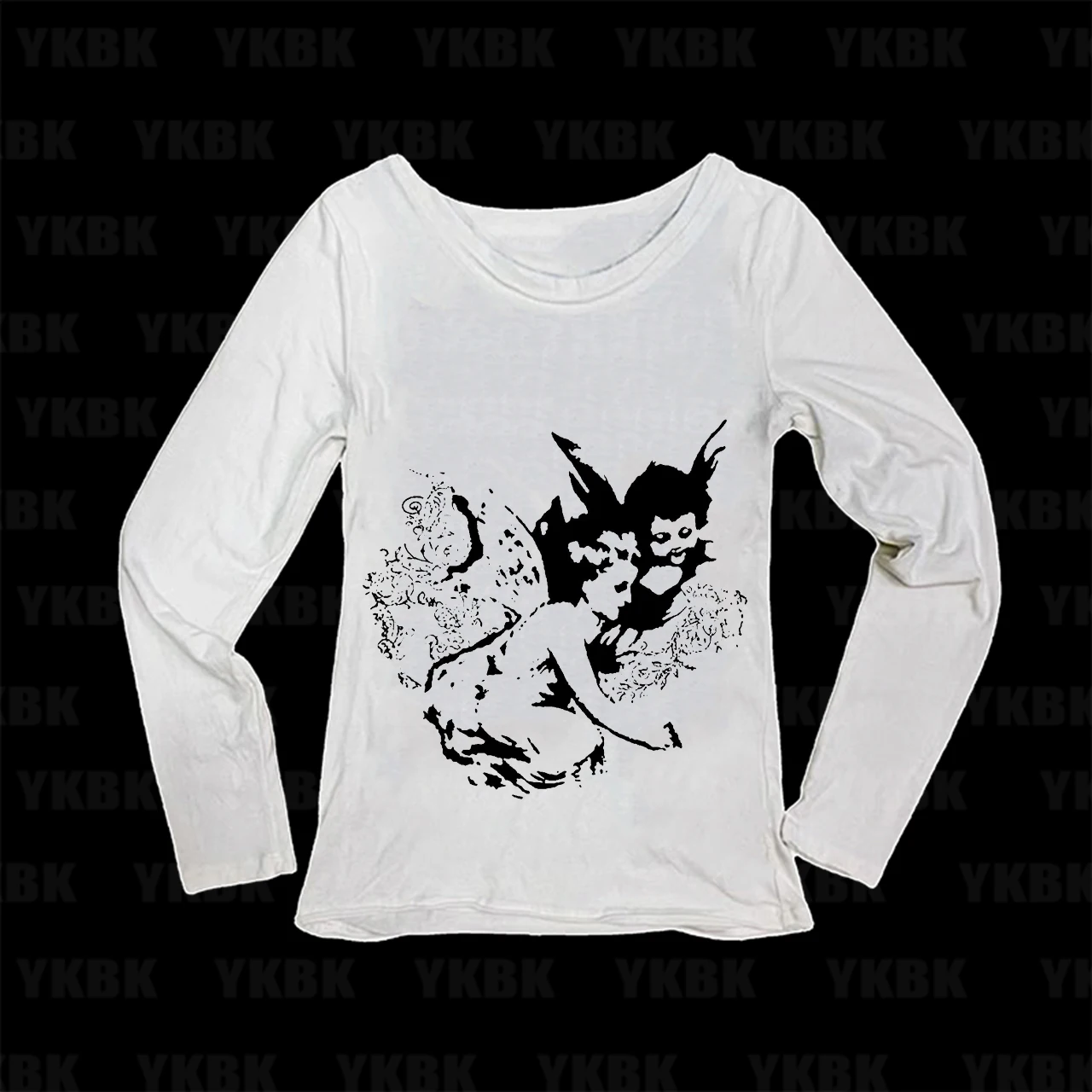 Y2K Women Long Sleeve T Shirt Angel Devil Print Slim Fit Scoop Neck Basic Tee Vintage Gothic Casual Tops
