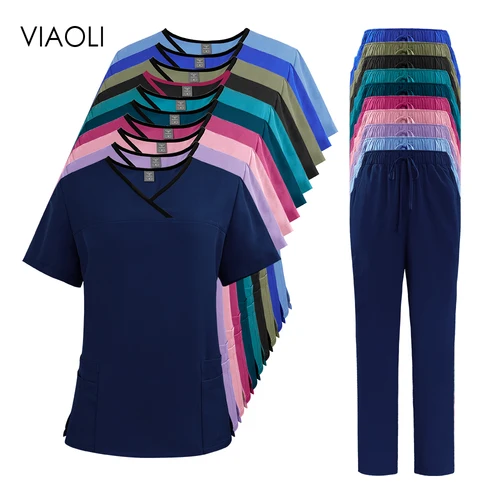 Uniformes de enfermería transpirables de Color sólido para mujer, ropa de trabajo elástica para clínica de mascotas, ropa fina para médico, venta al por mayor