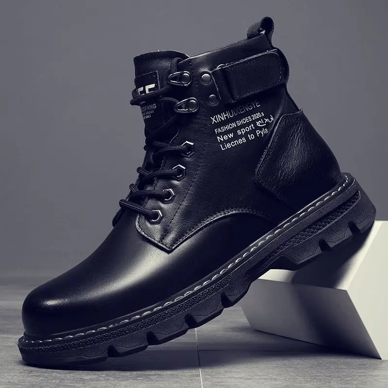 Men's high top British style black workwear motorcycle boots spring and autumn leather shoes