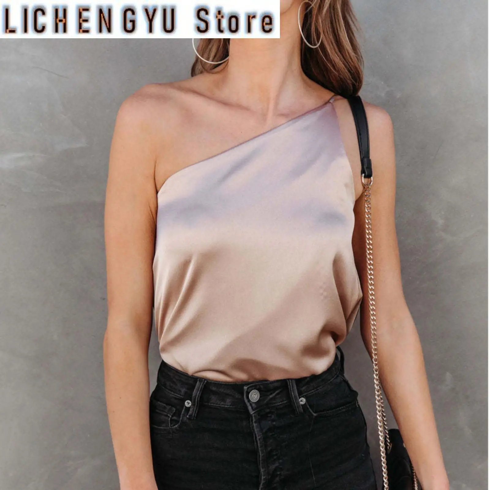 

Summer Blouses For Women Fashion Sleeveless Satin Shirt Loose Casual Round Neck One Shoulder Camisole Camisas Y Blusas