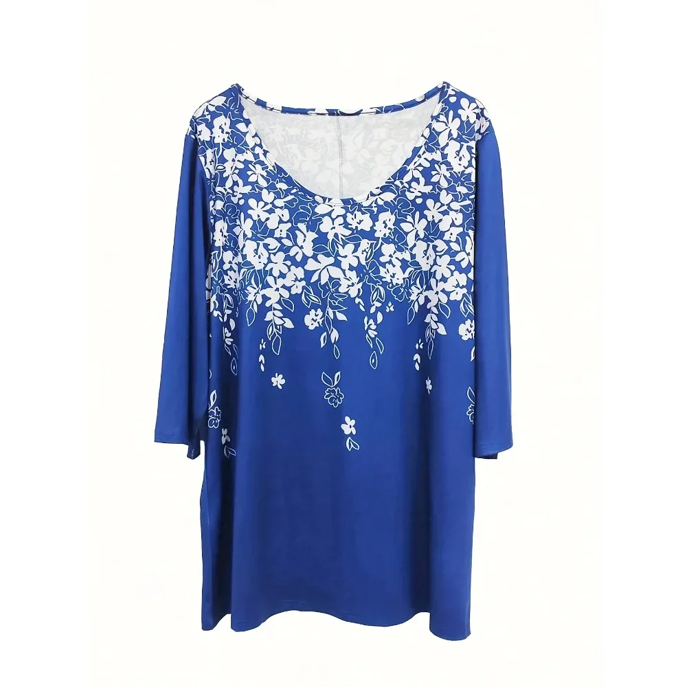 حجم كبير 1XL-5XL المرأة الأزهار طباعة ثلاثة أرباع كم أعلى السيدات عادية س الرقبة تي شيرت فضفاض القمم