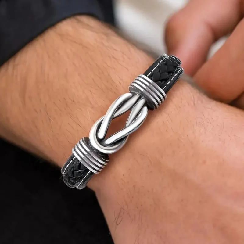 Infinity Knot Leather Bracelet for Men ，Forever Linked Together Braided Cuff Bracelet for Son Grandson,Birthday gift with card