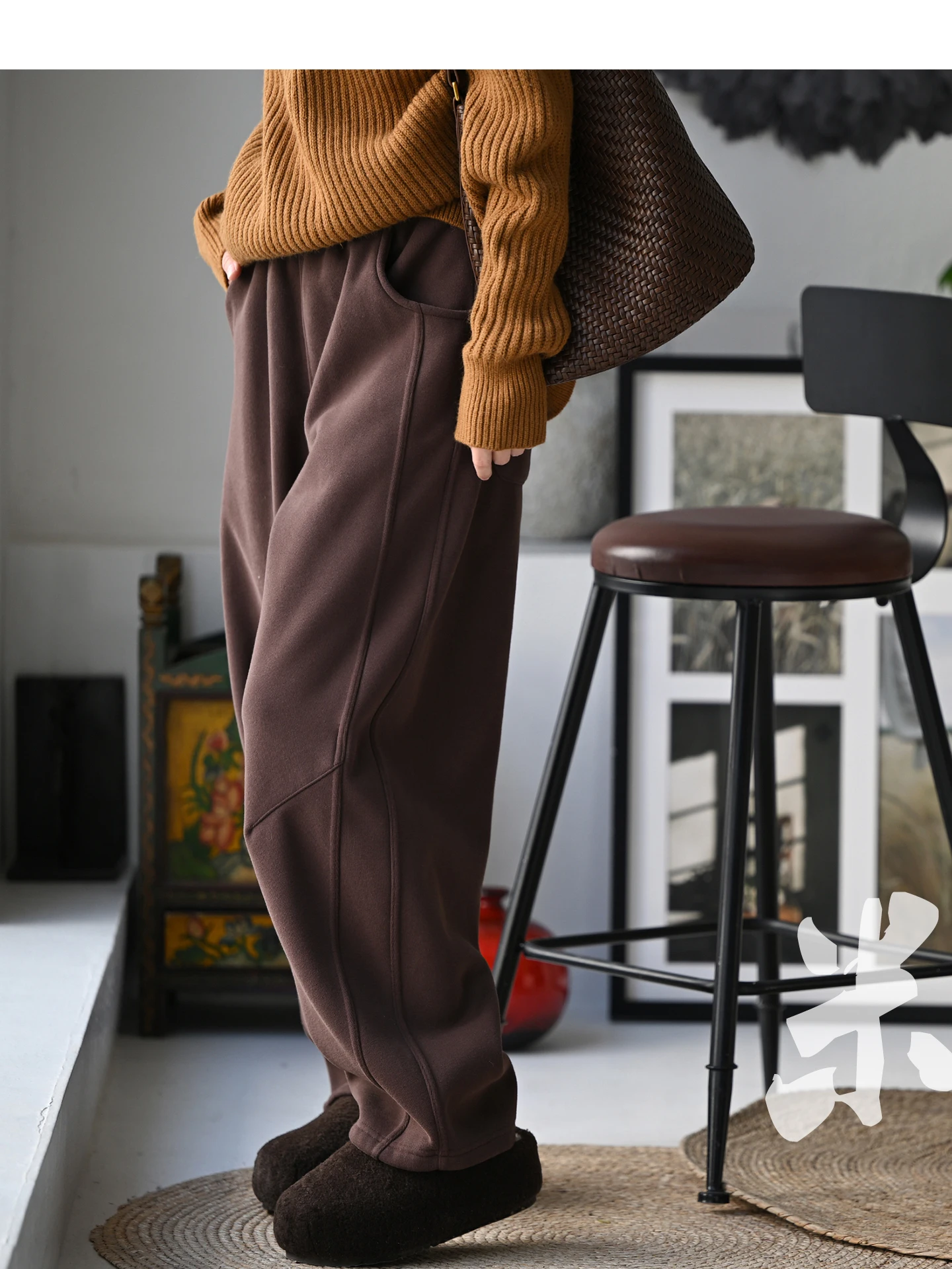 

K77887 Women's Casual Elastic Waist Wide Leg Fce Lined Knife-pleated Pants 3D Tailoring Slimming Effect Winter Faion