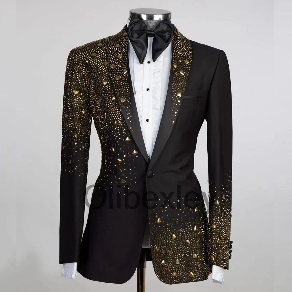 Olibexley 2026 Luxury Gold Beading Suit Set for Men 2 Piece Suit One Button Blazer Trousers Wedding Groom Suits Customized S15